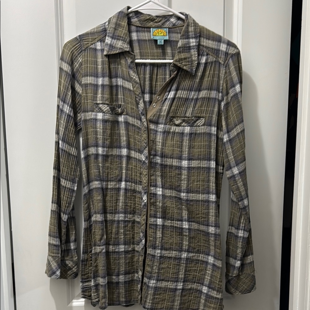 C&C California Olive and White Plaid Shirt